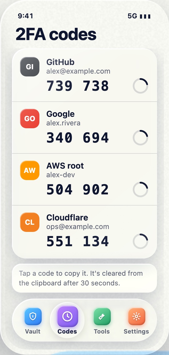 2FA codes screen with live codes