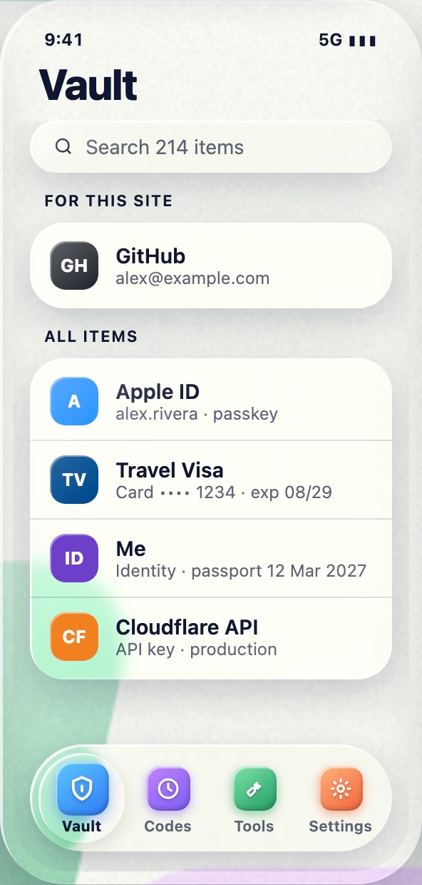 Vault screen with search and all items